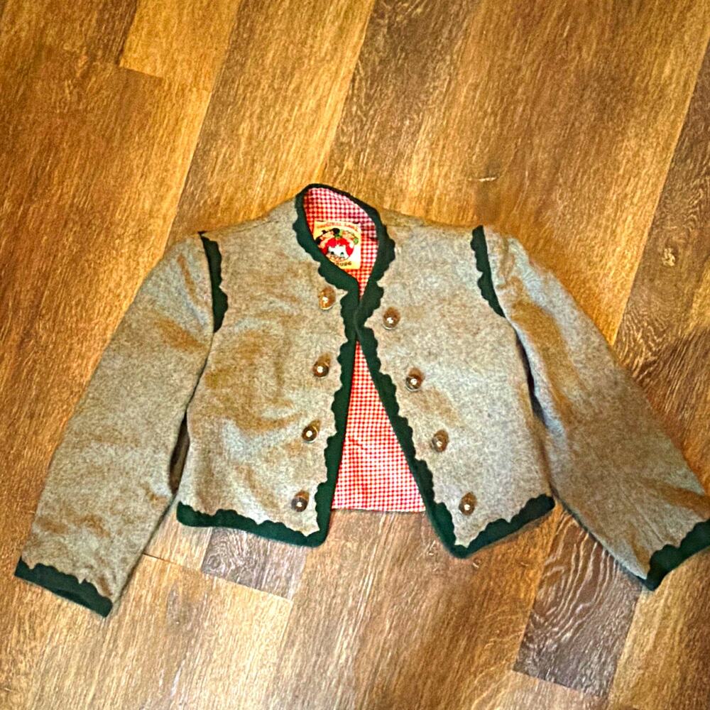 Original Lanz Salzburg Gray Jacket Green Trim Red Gingham Lining Size 34